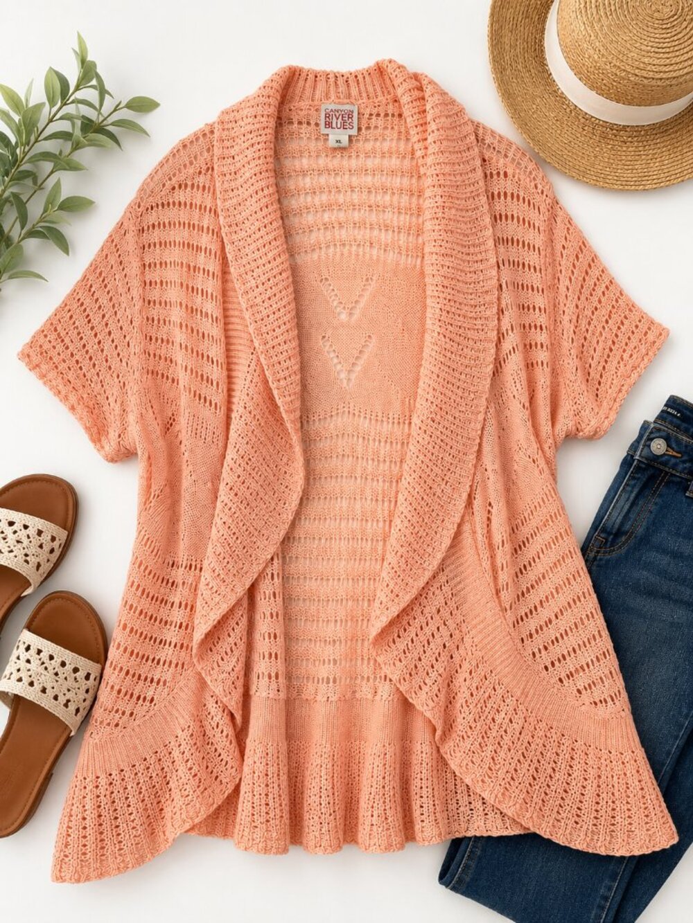Canyon River Blues XL Peach Open Knit Draped Cardigan Sweater
